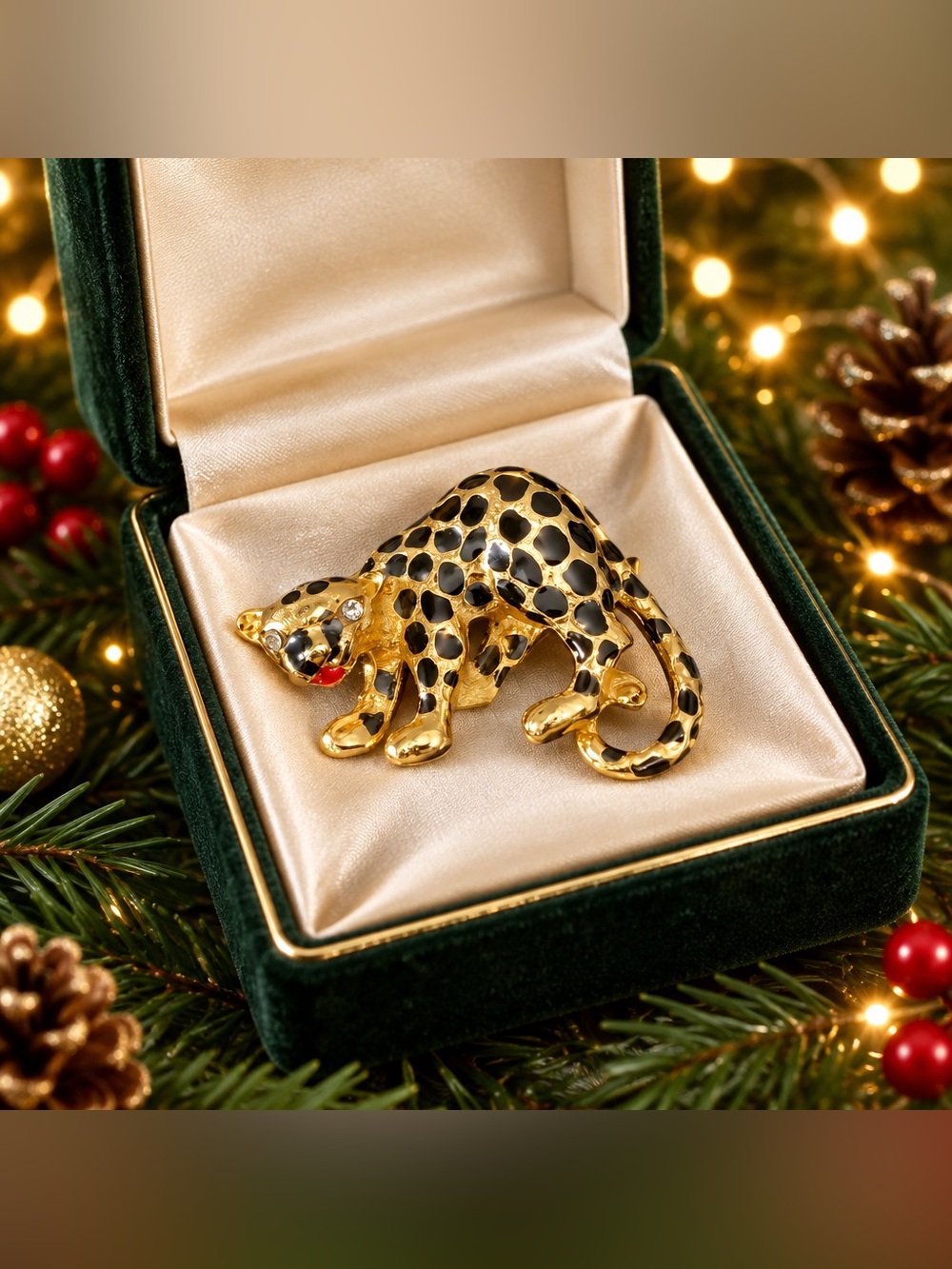 VINTAGE Gold Tone And Black Enamel Leopard With Rhinestone Eyes Brooch Pin